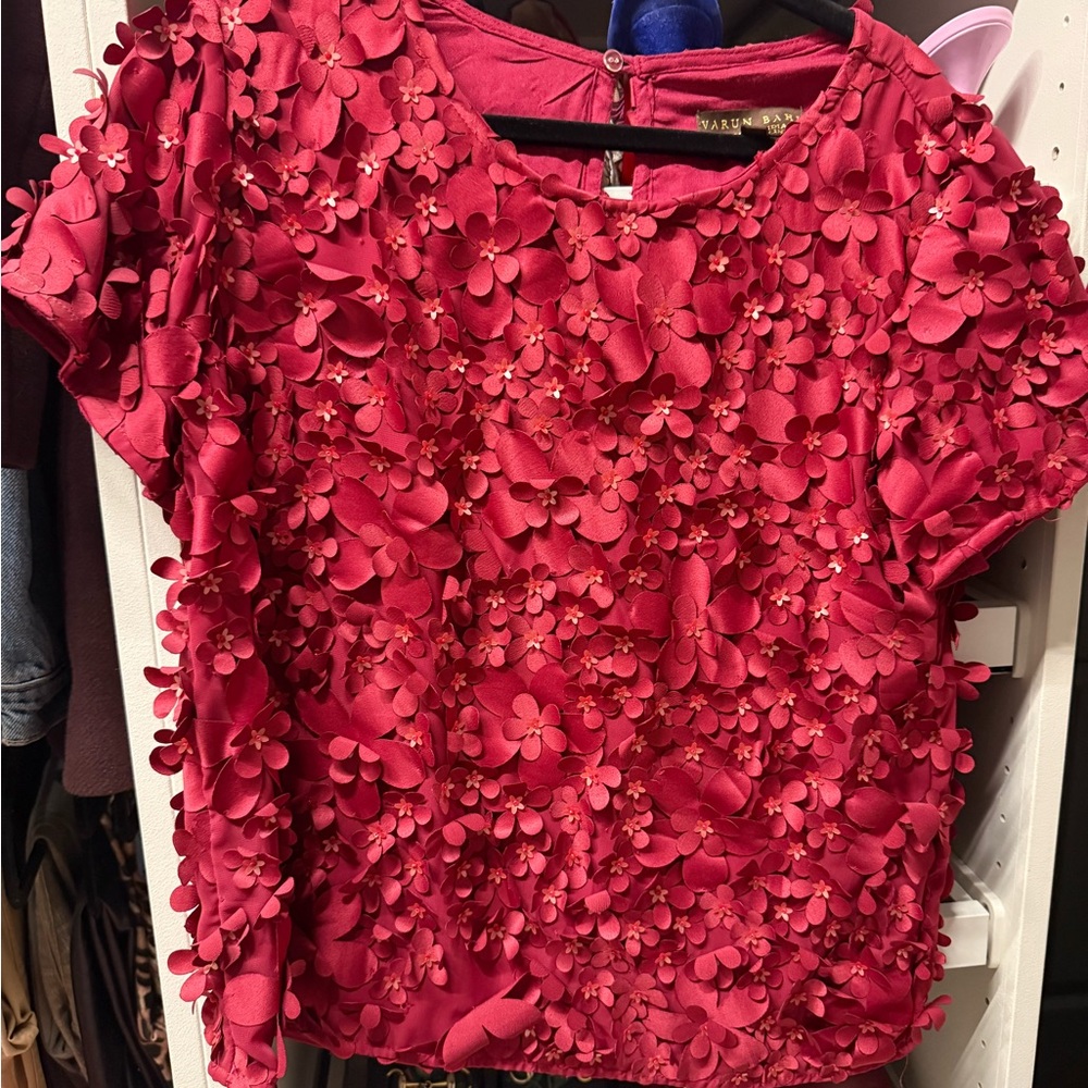 Anthropologie Floral Embellished Pink Top (Varun Bahl) View 3